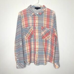 Sanctuary Tomboy Plaid Shirt Sz M Blue Orange Roll Tab Sleeve Gauzy Beach Spring